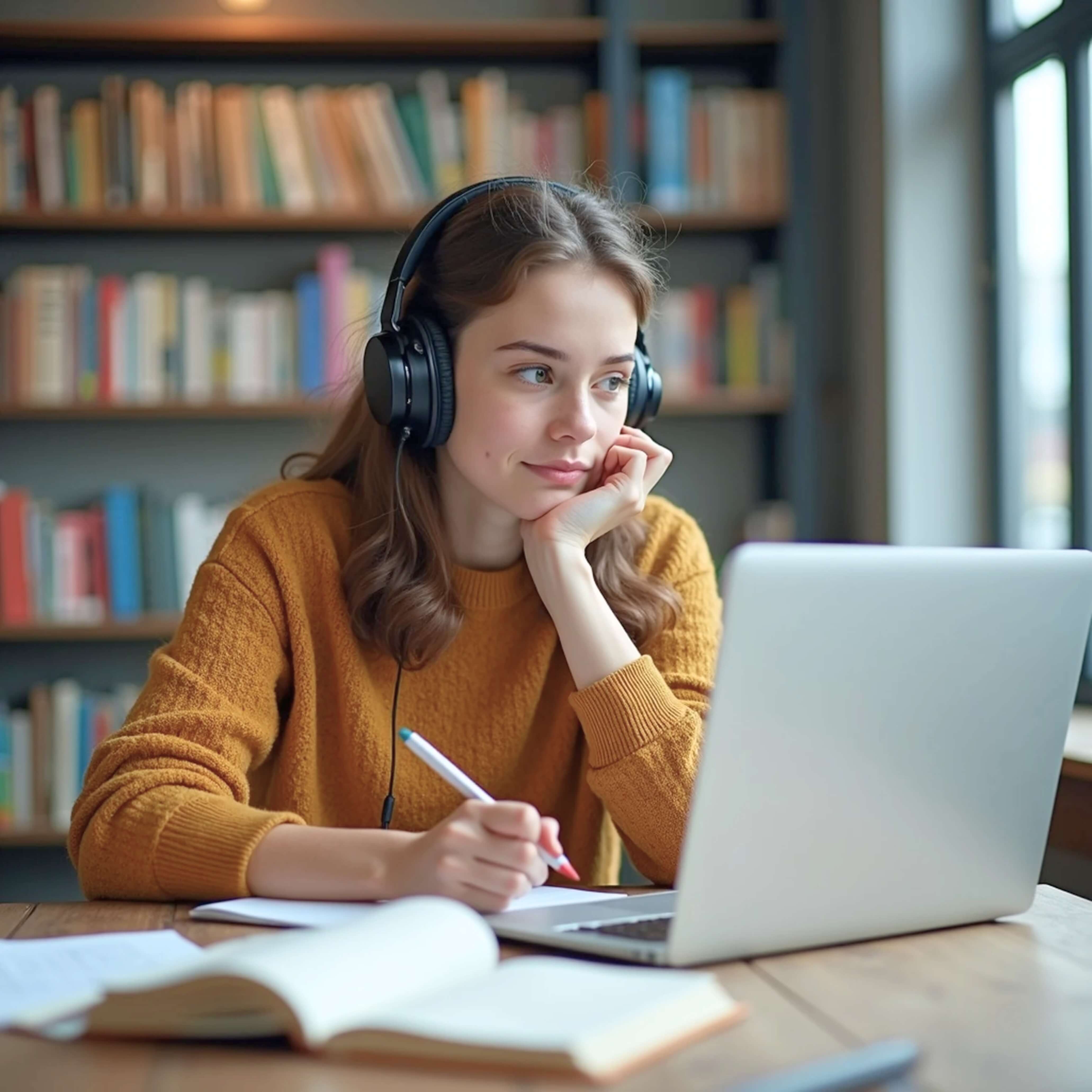 Estudante com fones de ouvido faz anotações em um caderno em frente ao notebook, em um ambiente tranquilo com estante de livros